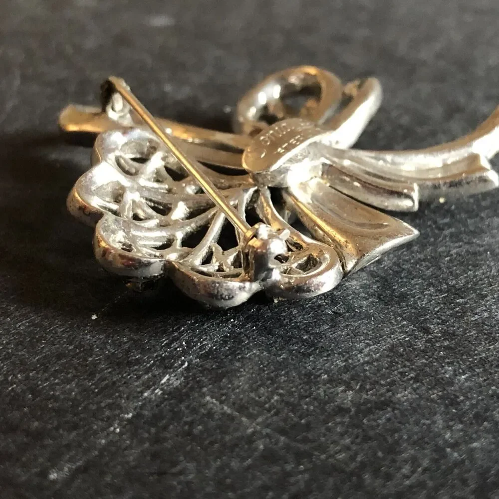 Sterling Silver Bow Brooch Sonia Lee 1940s Art Deco Rhinestone White Blue Vtg